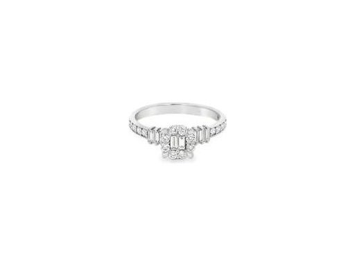 18K White Gold Floral Ring with Natural Round and Baguette Diamonds